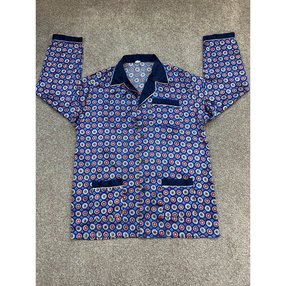 Vintage Pajama Top Mens XL Blue Geometric Medallion Print Button Up Excellent
